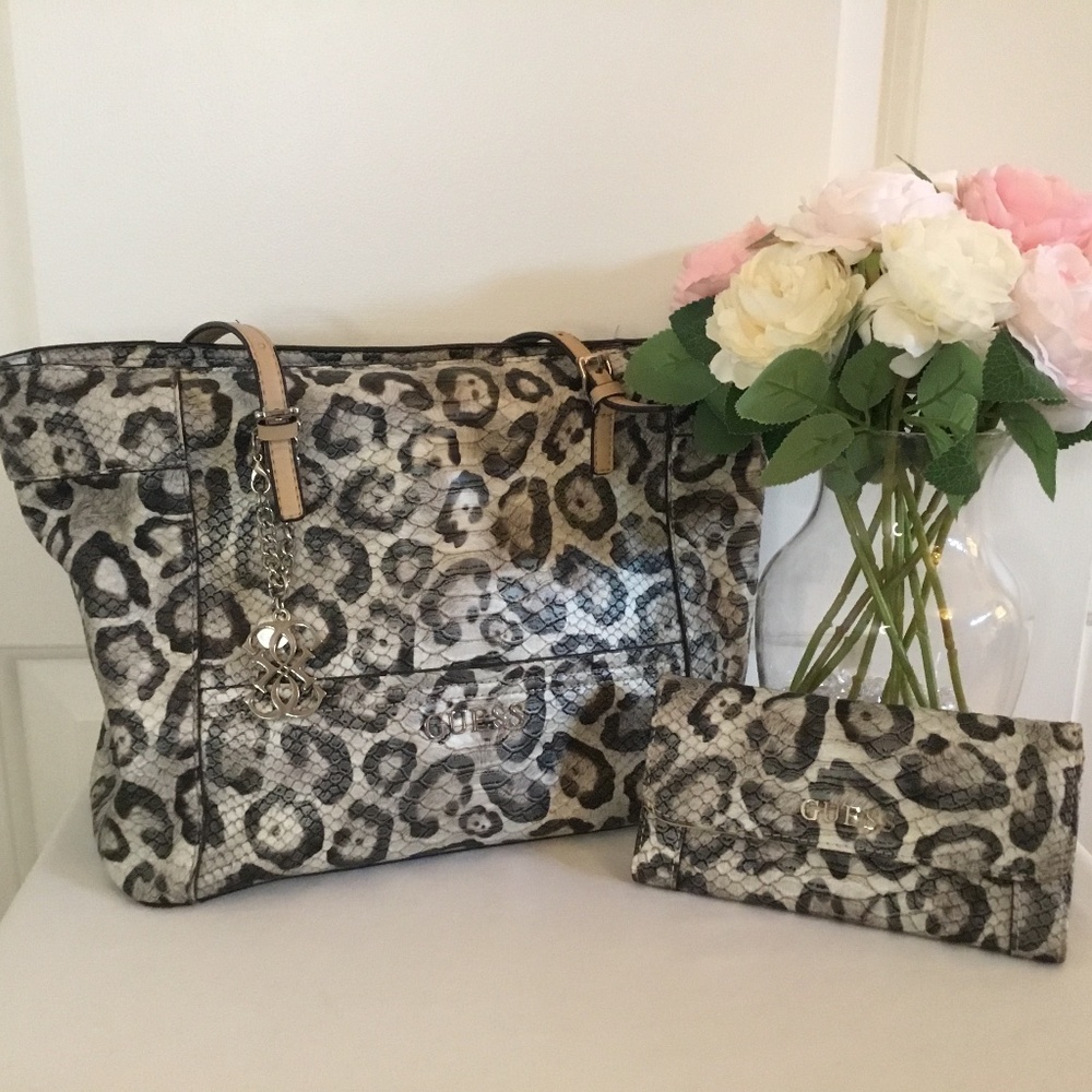 Guess Leopard Print Tote and Wallet Set